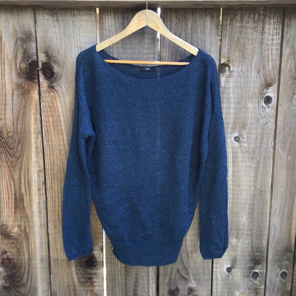 Ruti linen blue glitter shine knit pullover sweater open back womens